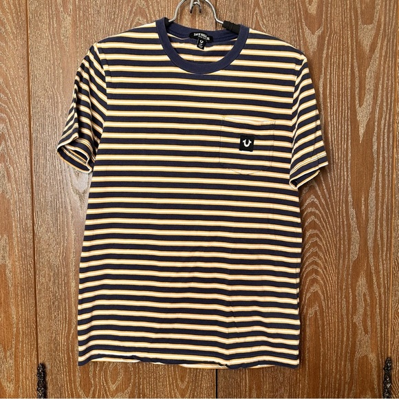 True Religion Women's Short Sleeve & Yellow Tee Nautical Stripes Sz SP Pocket - Picture 1 of 7